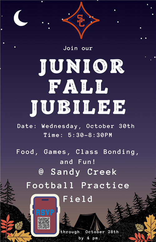 Junior Fall Jubilee is 10/30, from 5:30-8:30 PM on the football practice field.